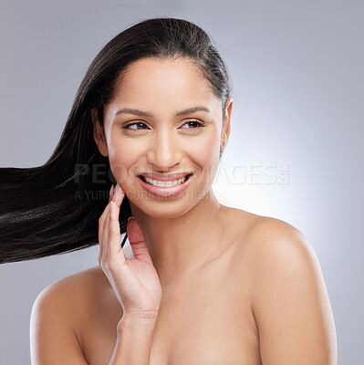 Buy stock photo Hair, beauty and face of woman in studio for haircare, cosmetics and salon treatment. Happy, confidence and isolated person with smile for wellness, healthy texture and style on white background