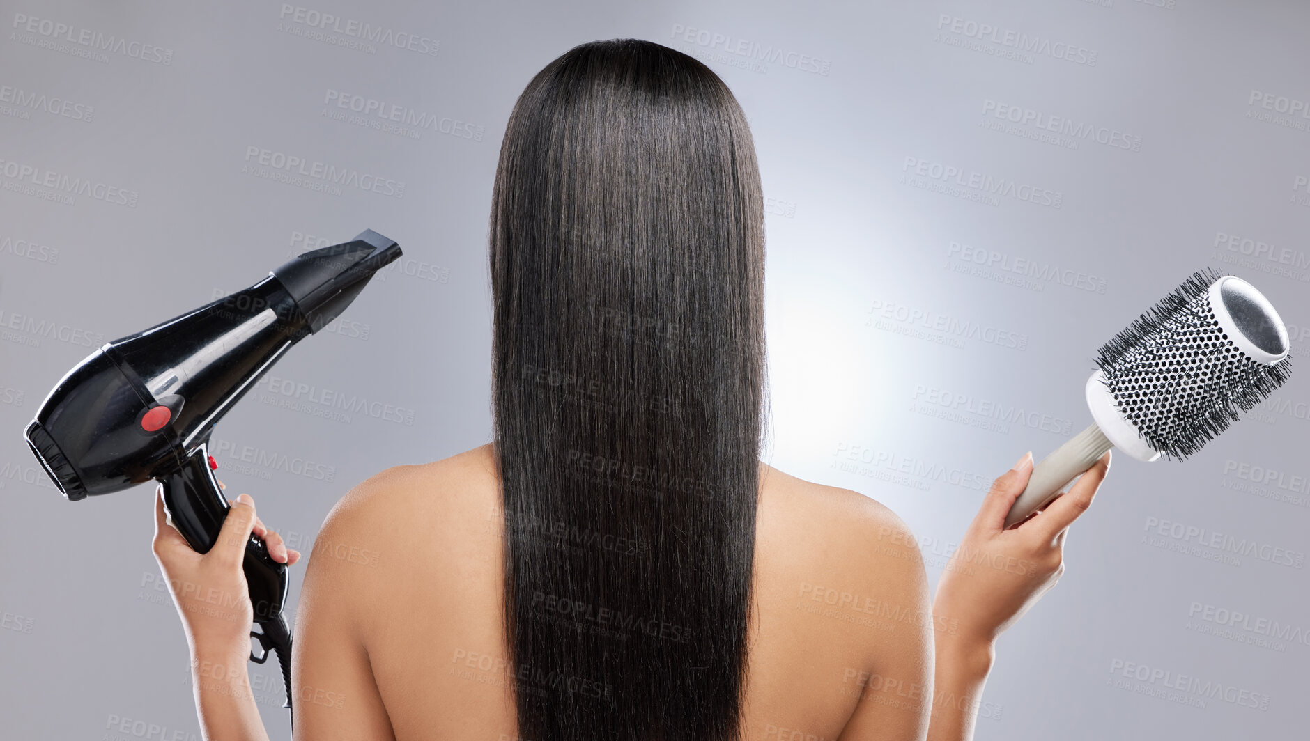 Buy stock photo Girl, brush and hairdryer in studio for hair care or styling, grooming and beauty routine for wellness or keratin treatment. Woman, tools and isolated on white background for healthy, shine and glow.