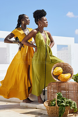 Buy stock photo Shot of two beautiful women posing outside