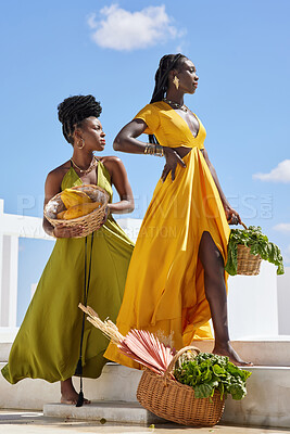 Buy stock photo Shot of two beautiful women posing outside