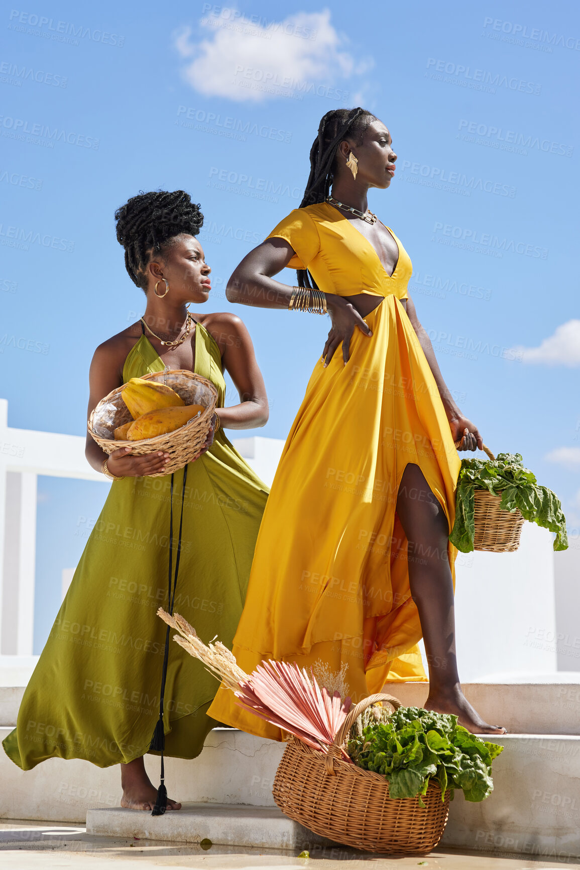 Buy stock photo Shot of two beautiful women posing outside