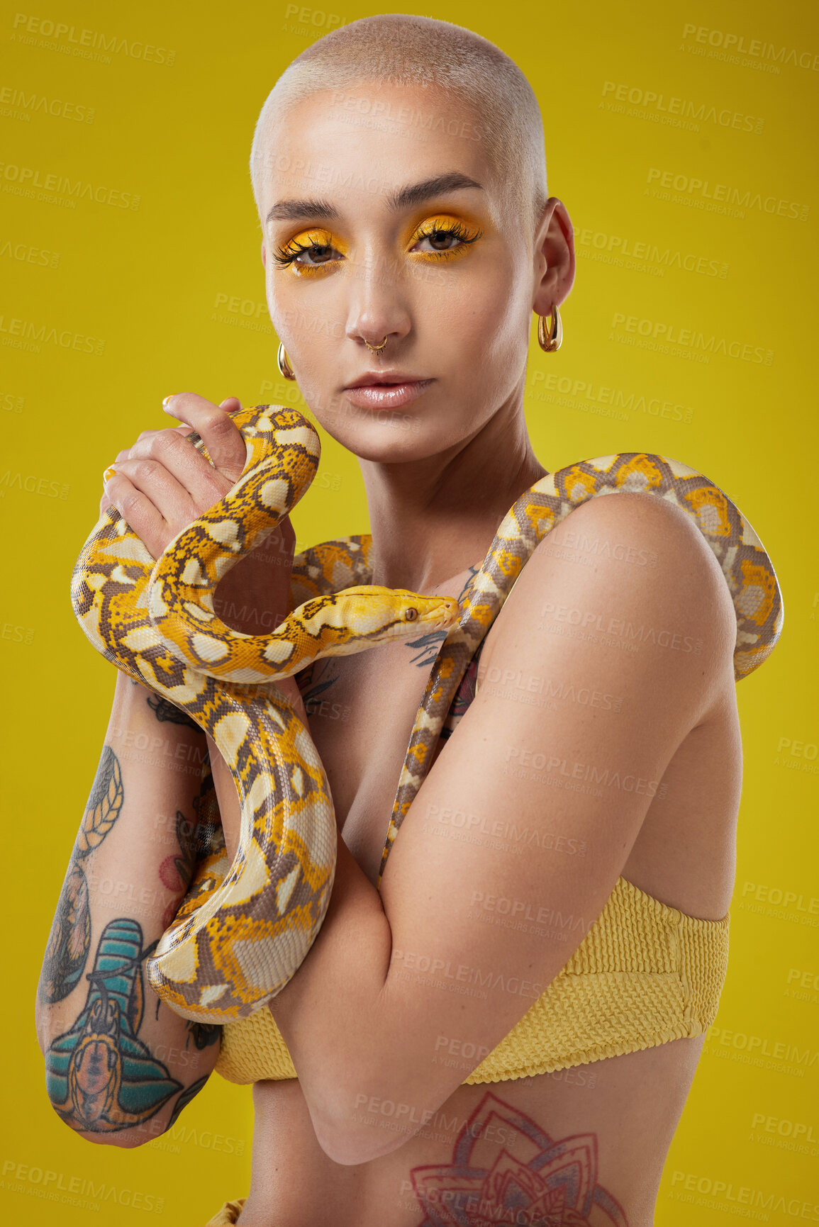 Buy stock photo Shot of a fashionable woman holding a snake while modelling a yellow concept