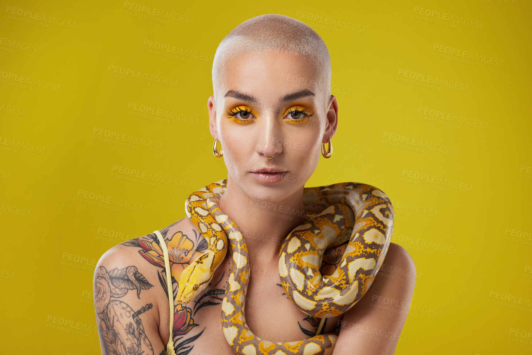 Buy stock photo Shot of a young woman posing with a snake around her neck against a yellow background