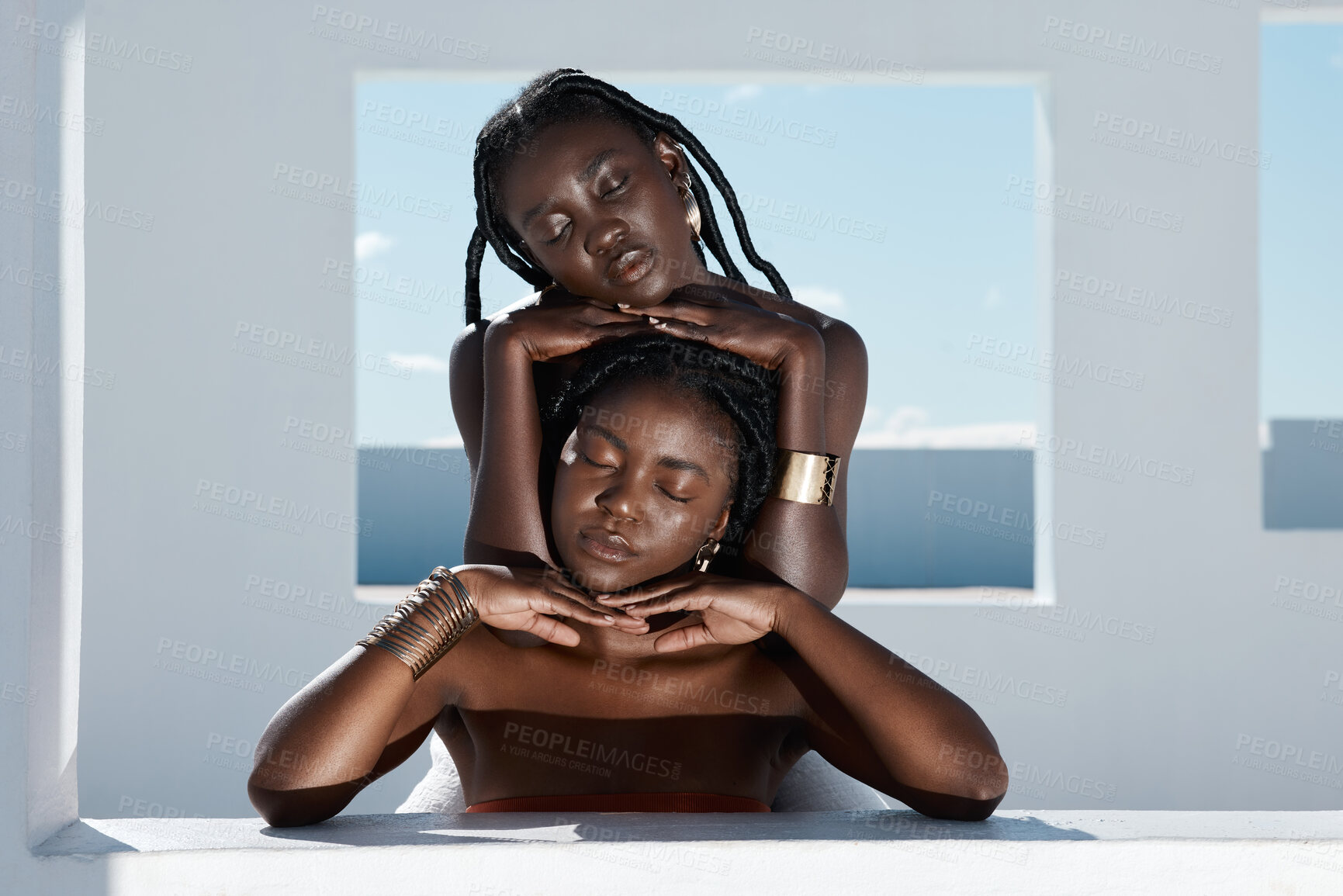 Buy stock photo Calm, beauty and women with braids, haircare and cosmetics for texture of hairstyle and dermatology. Outdoor, friends and black people with healthy hair extensions, wellness and skincare for glow
