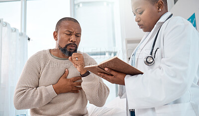 Buy stock photo Shot of a mature man coughing during a consultation with a doctor in a clinic