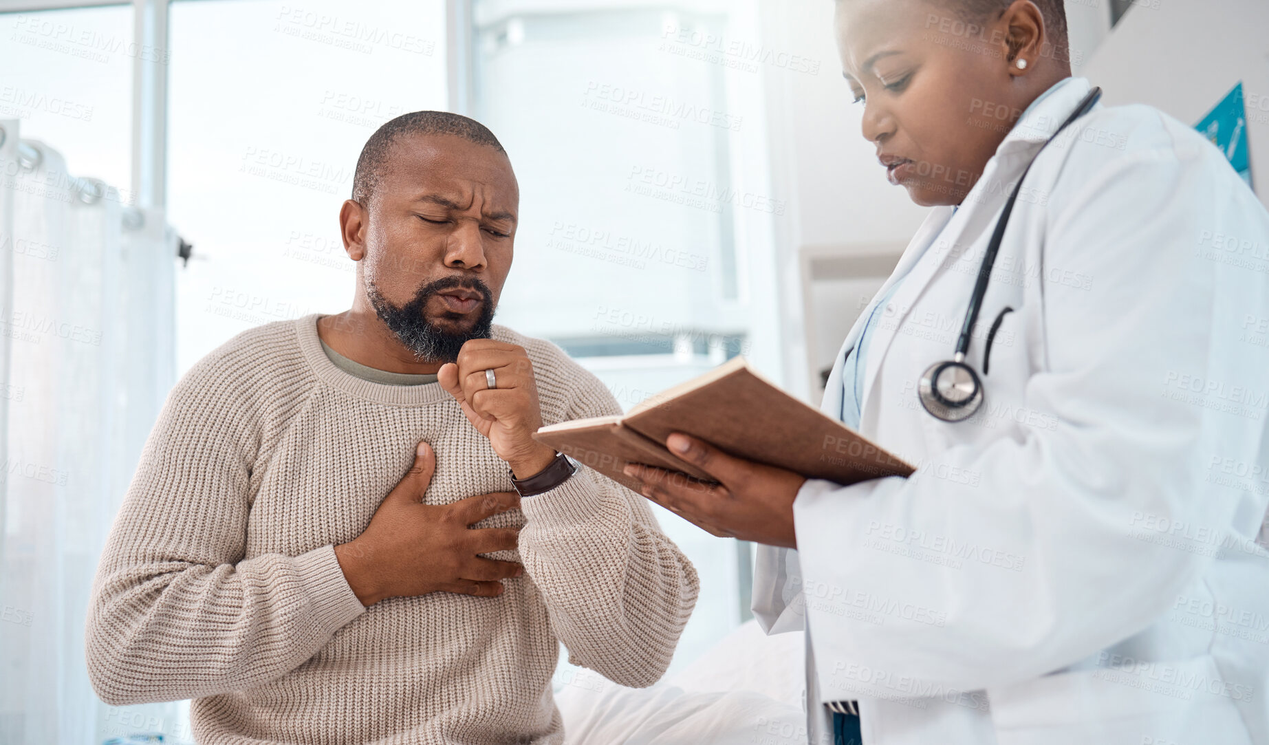 Buy stock photo Shot of a mature man coughing during a consultation with a doctor in a clinic