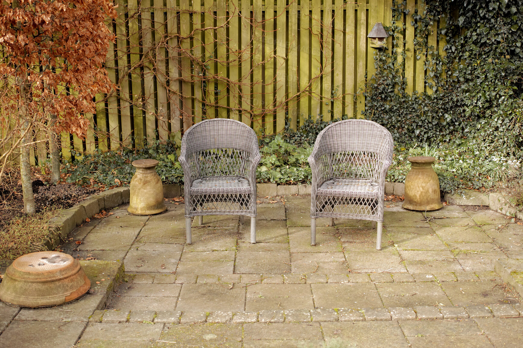 Buy stock photo Garden chairs, furniture and seating in a secluded and peaceful courtyard or home backyard. Handmade, craft and rustic wicker patio seats to relax, enjoy and meditate in zen and calm nature