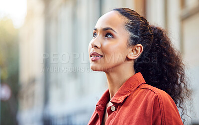 Buy stock photo Woman, city sidewalk and thinking outdoor for search, location and happy memory on street in metro. Girl, walking and vision by buildings, ideas or urban vacation for decision, choice or road in Rome