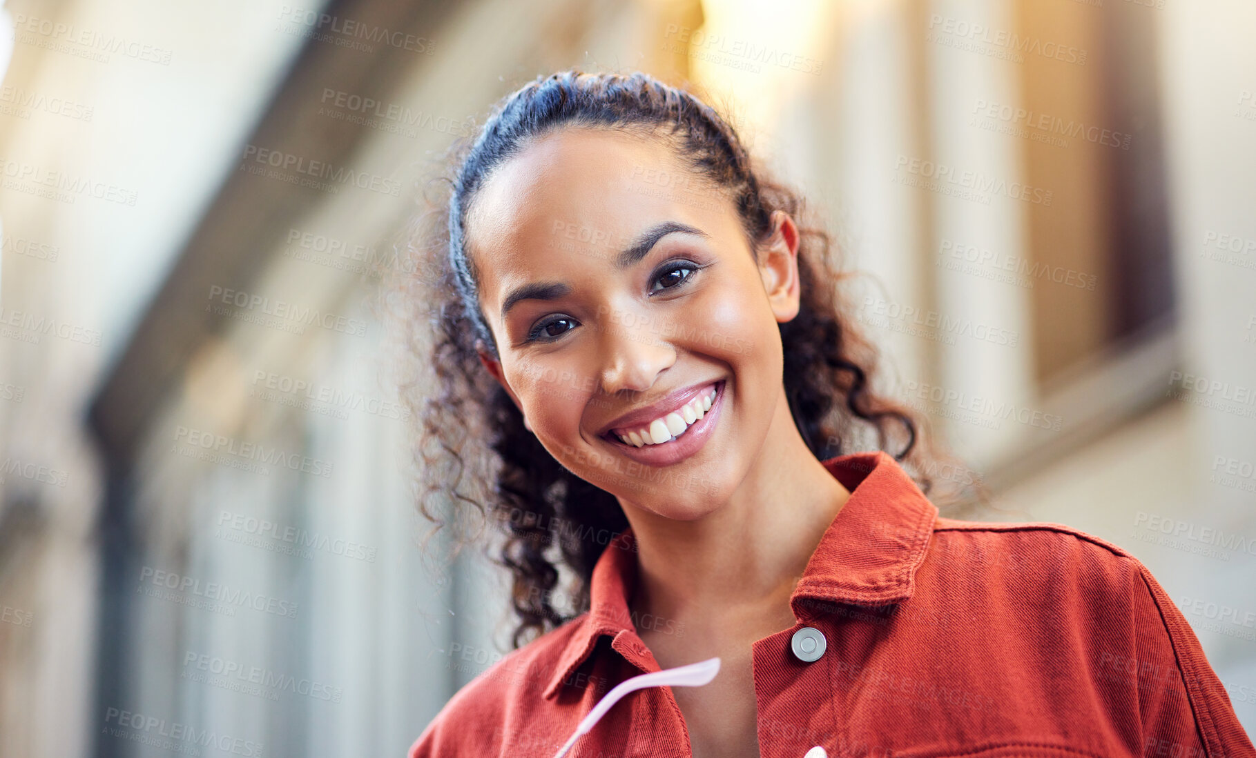 Buy stock photo Woman, portrait and smile in city for explore in summer vacation, street travel or downtown. Female person, face and sunglasses for relax outdoor weekend or tourist in town, holiday walking in Brazil