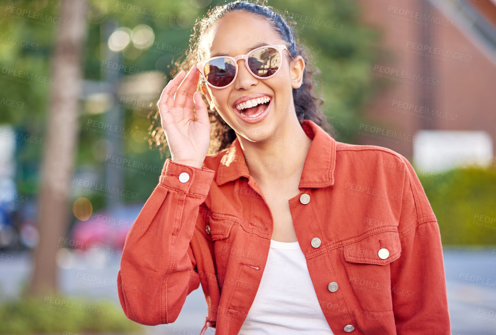 Buy stock photo Woman, portrait and smile in city for travel in summer vacation, street explore or downtown. Female person, face and sunglasses for relax outdoor weekend or tourist in town, holiday walking on trip