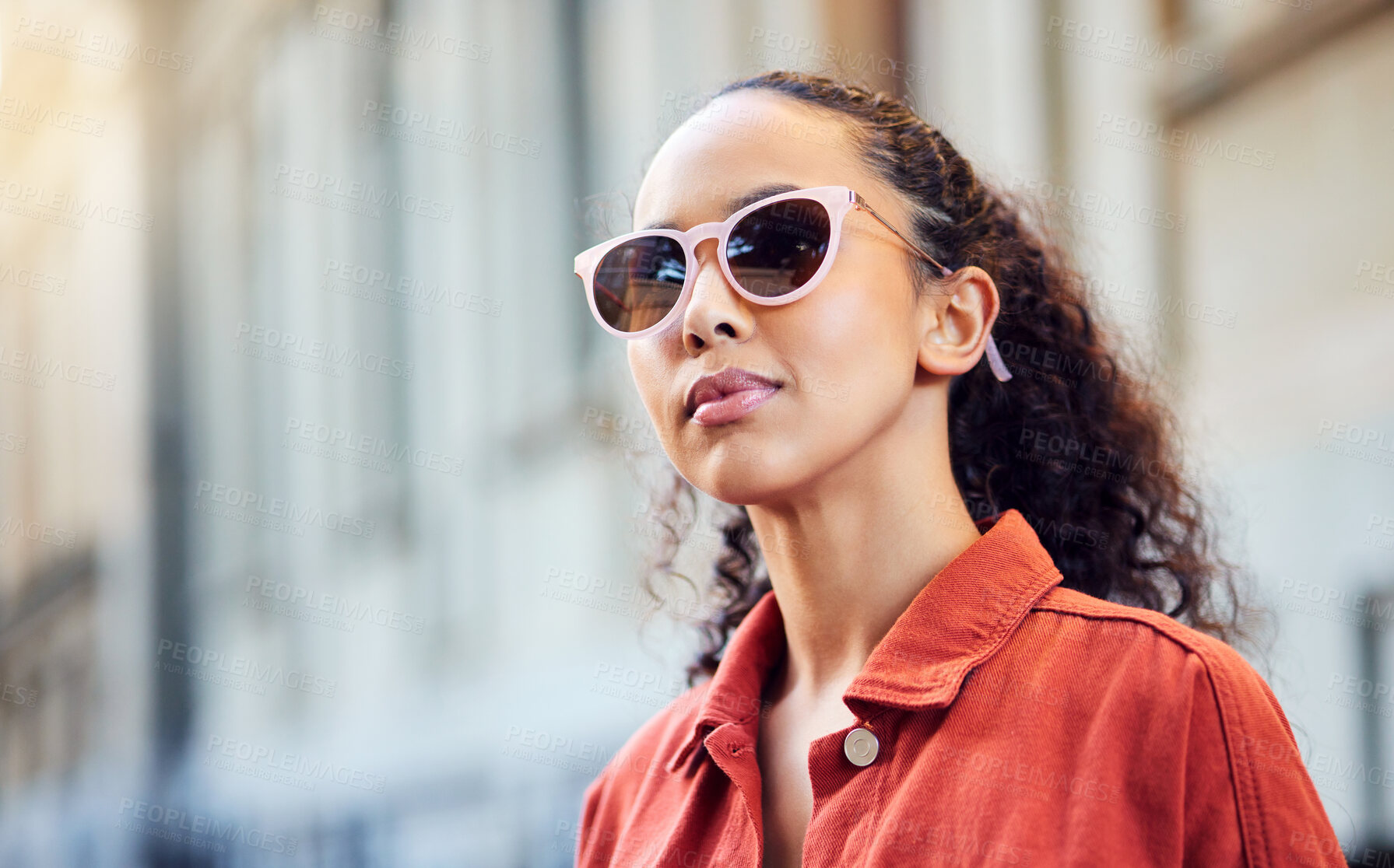 Buy stock photo Woman, city and thinking in sunglasses on street for search, location or memory in metro. Girl, walking and fashion for vision by building, idea or urban vacation for decision, choice or road in Rome