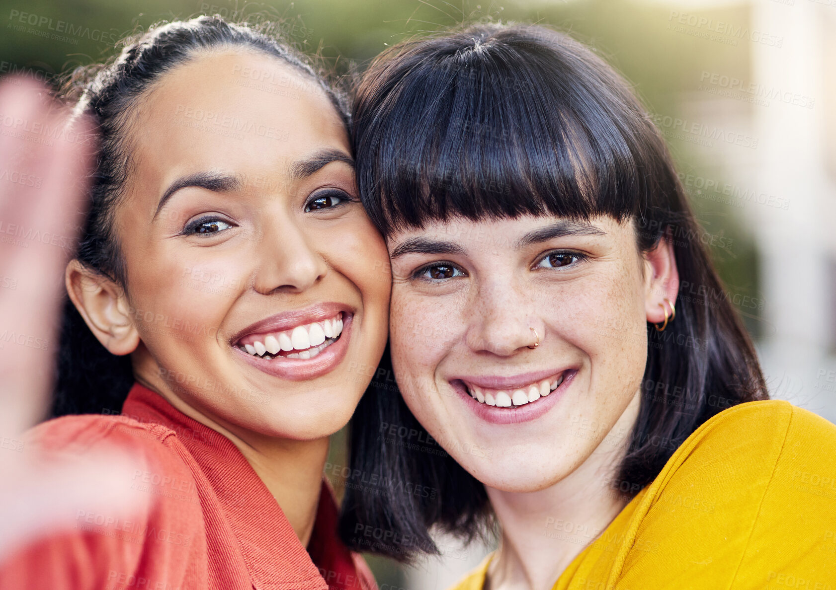 Buy stock photo Selfie, friends and portrait of women in city with smile for social media, memory and take picture. Happy, friendship and face of people in town for bonding on weekend, holiday and vacation together