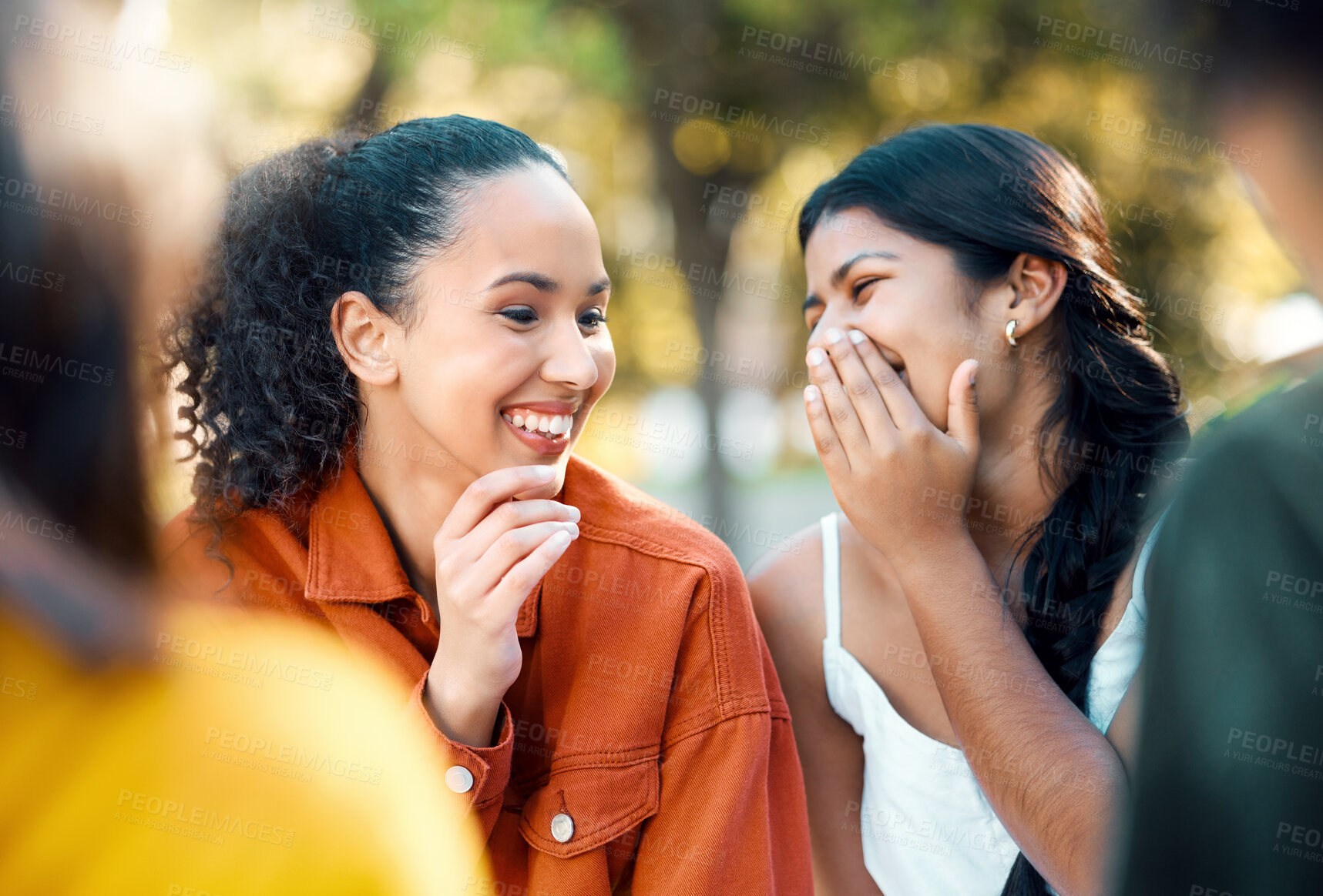 Buy stock photo Shot of two friends laughing in a park