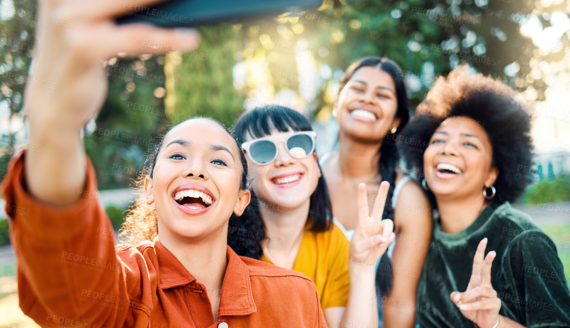 Buy stock photo Shot of a group of friends taking a selfie in a park