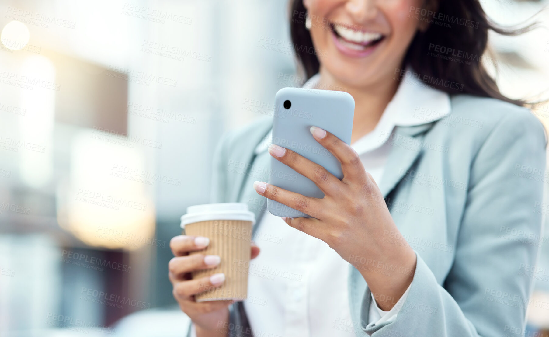 Buy stock photo Shot of a young businesswoman having coffee and using a smartphone against an urban background