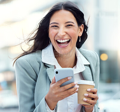 Buy stock photo Shot of a young businesswoman having coffee and using a smartphone against an urban background