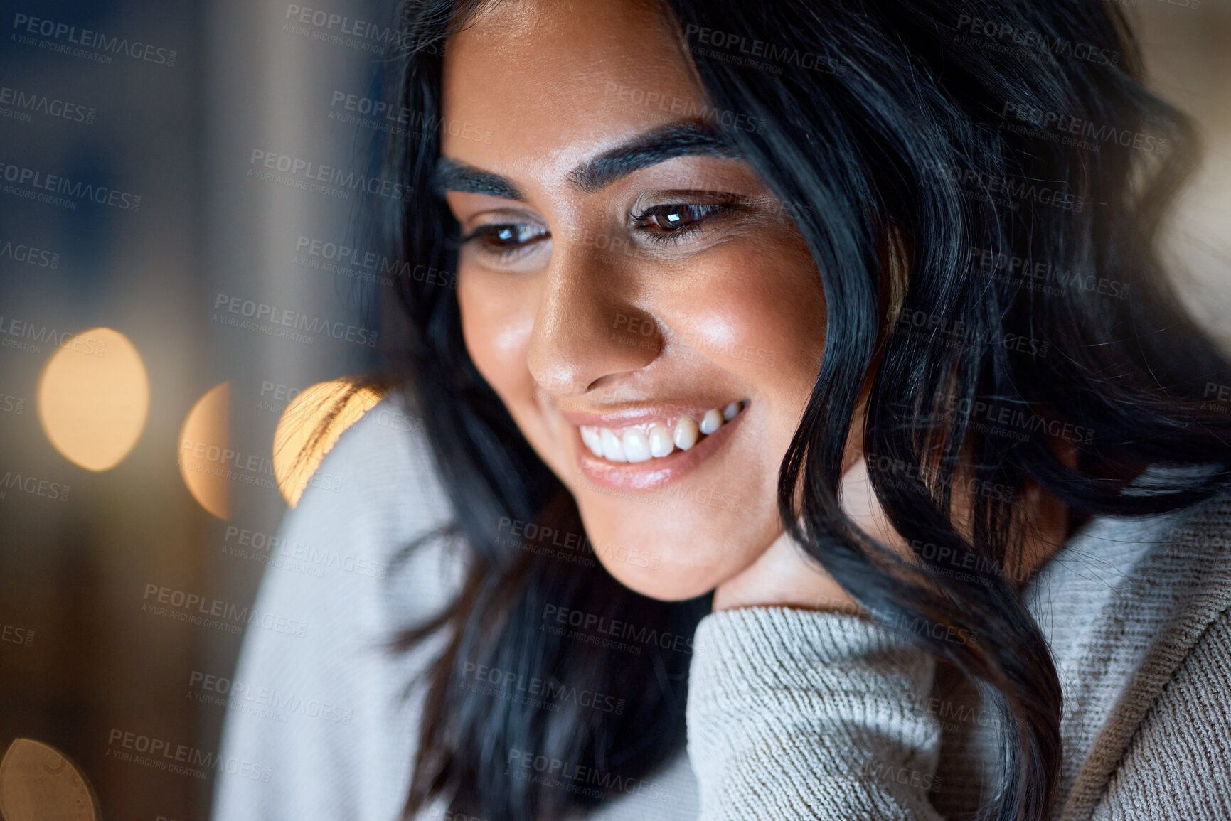 Buy stock photo Cropped shot of an attractive young businesswoman working late at her company offices