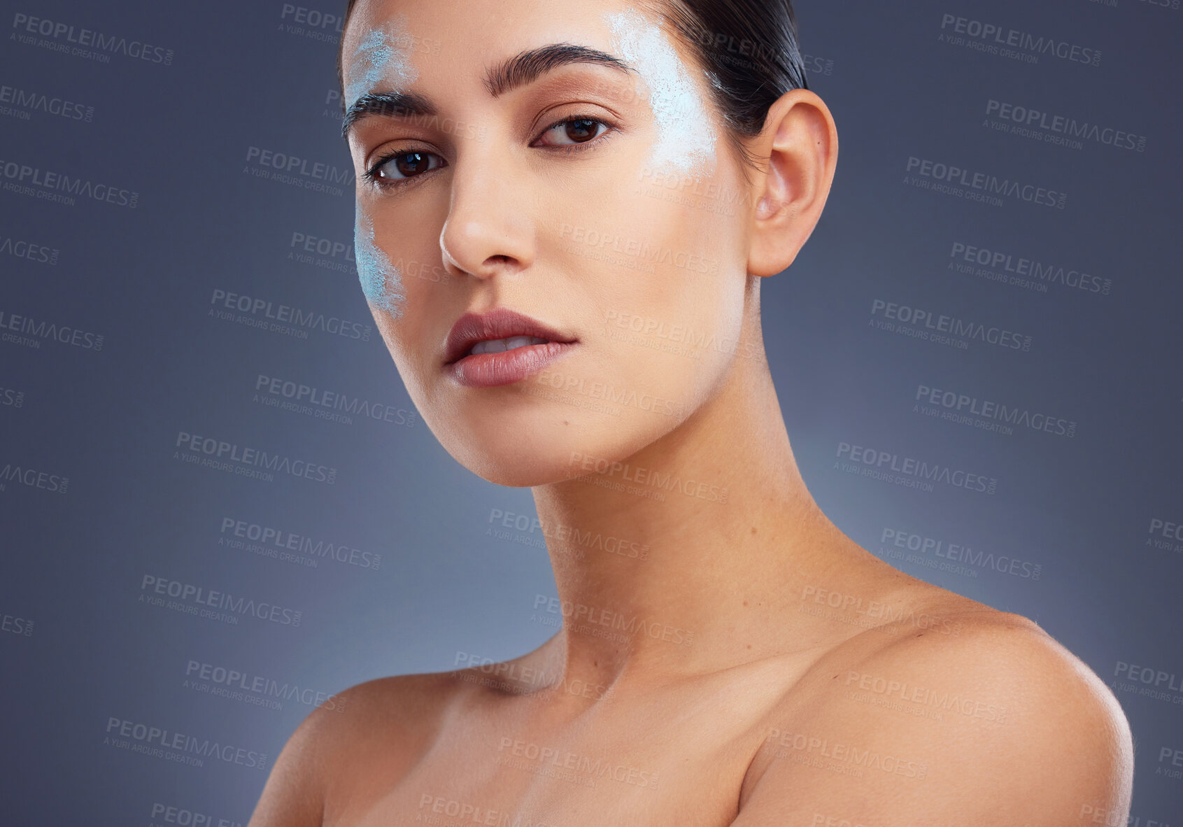 Buy stock photo Skincare, mask and portrait of woman in studio for cleaning, facial treatment and exfoliate for glow. Dermatology, spa and person with face products for wellness, beauty and health on blue background