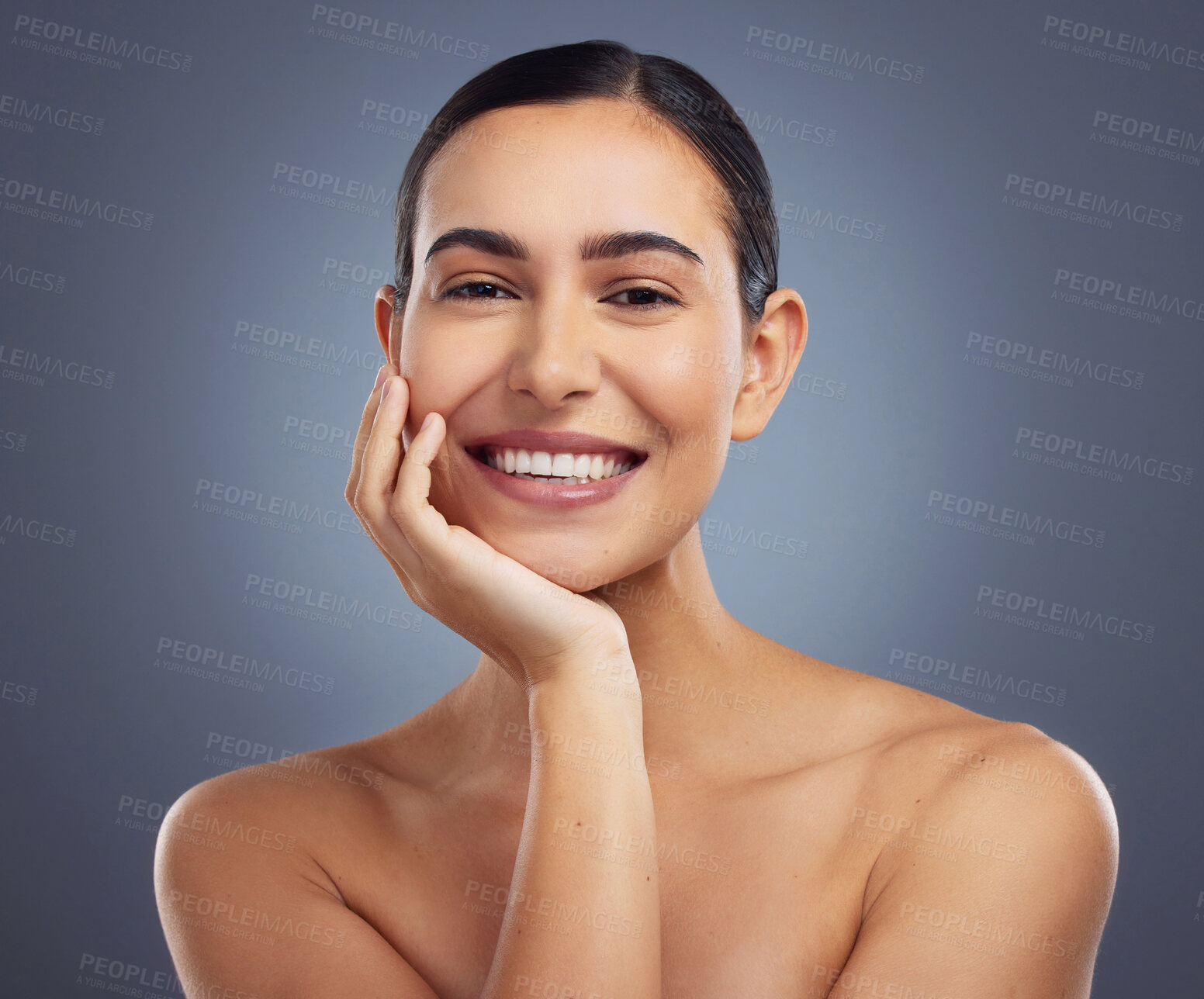 Buy stock photo Happy woman, portrait and skincare for beauty in studio, dermatology and natural cosmetics. Smile, facial transformation or wellness for healthy skin, antiaging and self care on gray background
