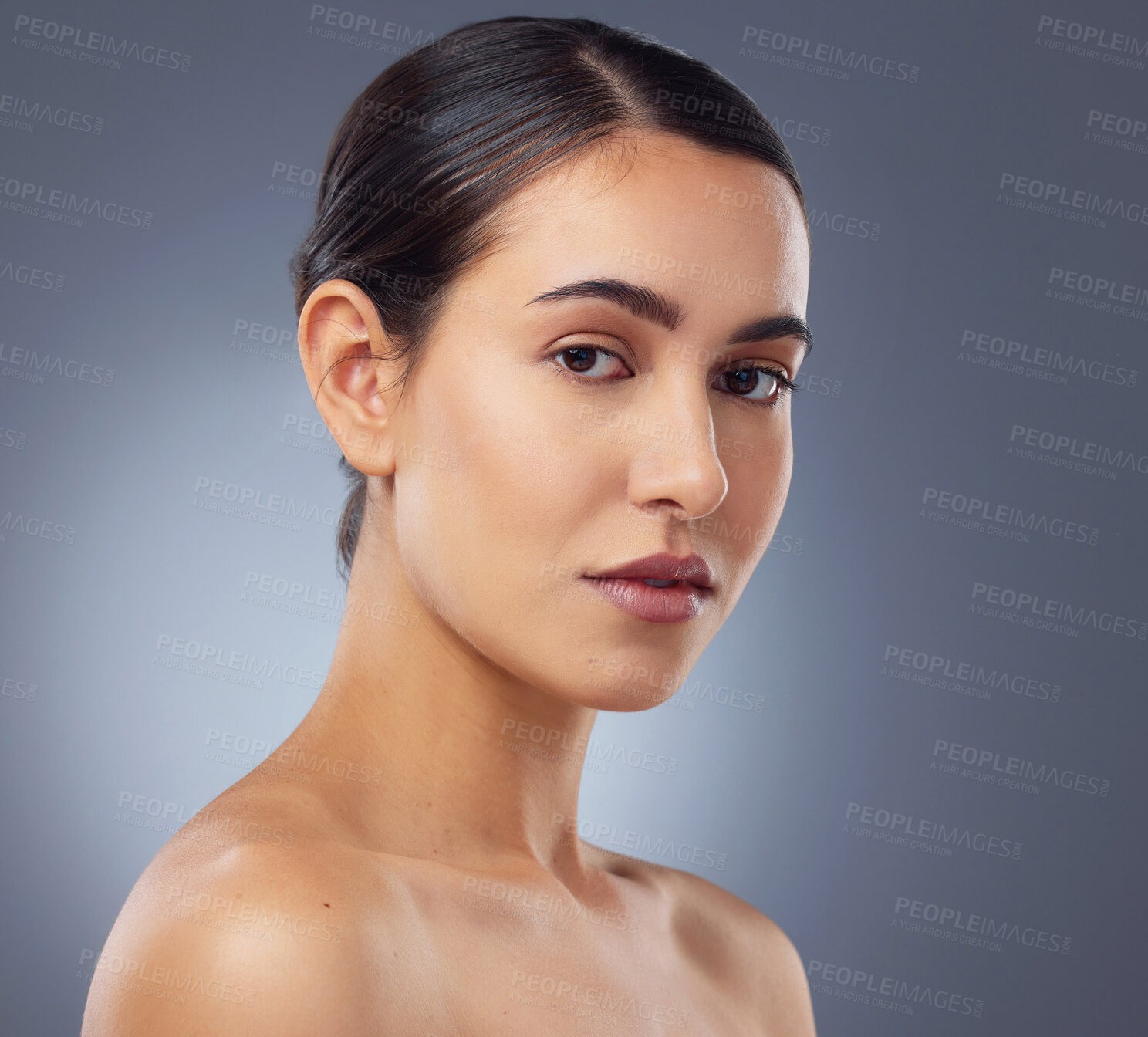 Buy stock photo Portrait, skincare and woman in studio for natural dermatology, cosmetics and wellness on gray background. Female person, clean and healthy skin with transformation glow and antiaging for beauty