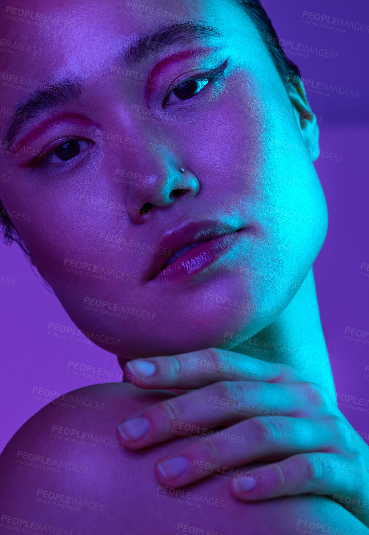 Buy stock photo Portrait, Asian woman and makeup with eyeliner in studio for beauty, natural glow and makeover. Neon, serious person or cosmetics for aesthetic, facial shine and transformation on purple background