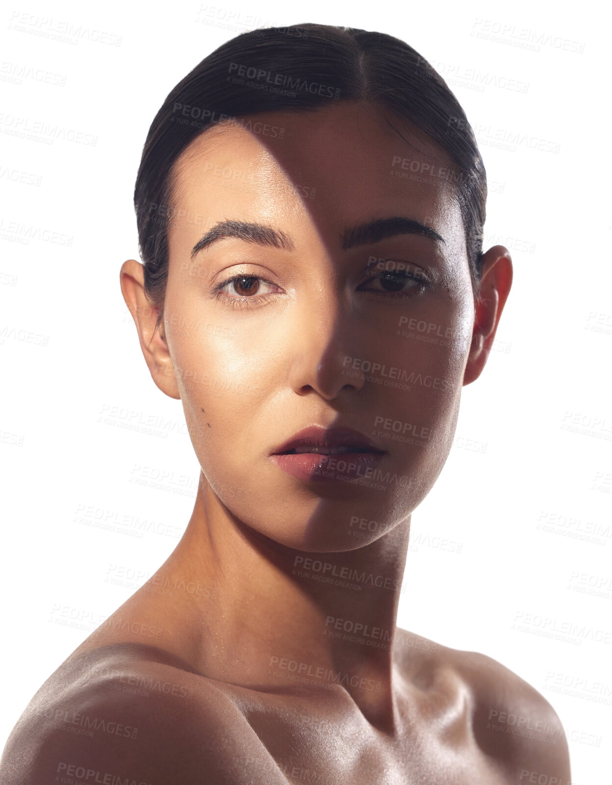 Buy stock photo Portrait, woman and skincare with shadow in studio for beauty, hydrated skin and natural shine. Serious, female person and cosmetics with light, dermatology and facial treatment on white background