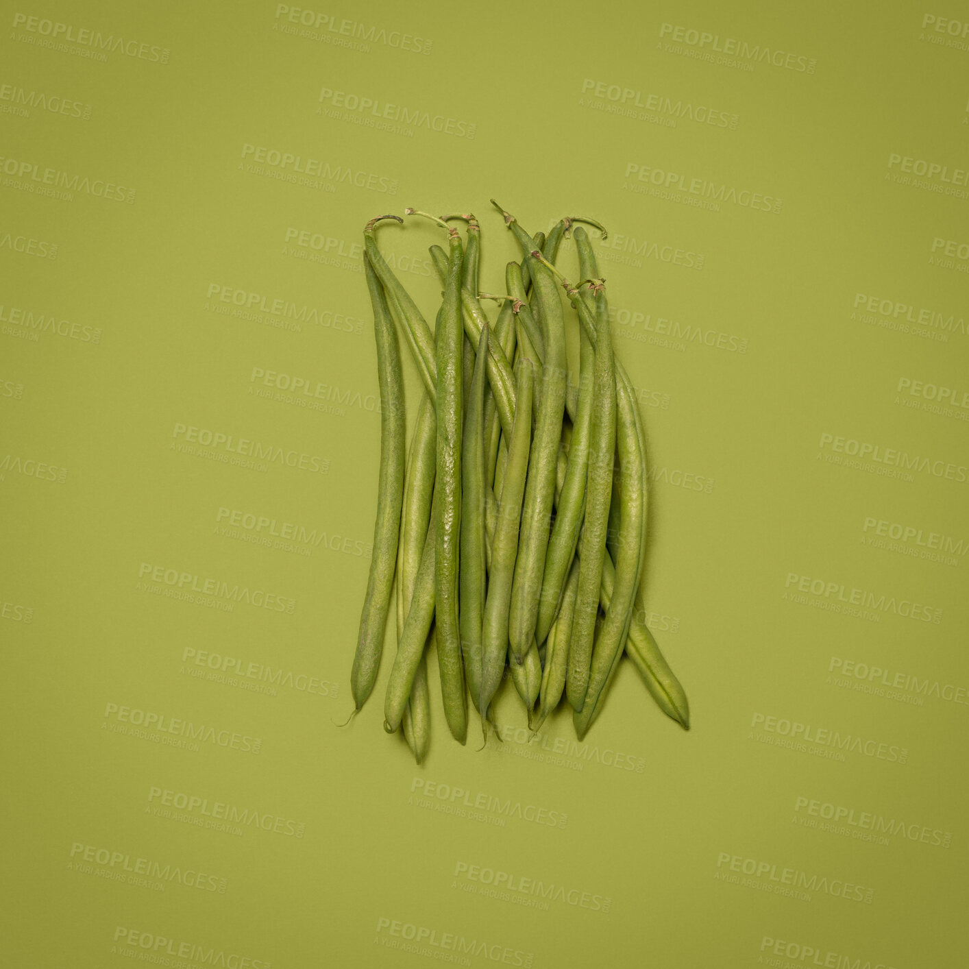 Buy stock photo Group, green beans and healthy in studio, vegetable and nutrition of food, wellness and diet with vitamin. Organic, raw and ingredients for dinner of salad, meal and crops for vegan or nutritionist