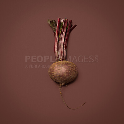 Buy stock photo Nutrition, beetroot and healthy in studio, vegetable and space for food, wellness and diet with vitamin. Organic, raw and ingredients for dinner of salad, meal and crop for menu of vegan in mockup