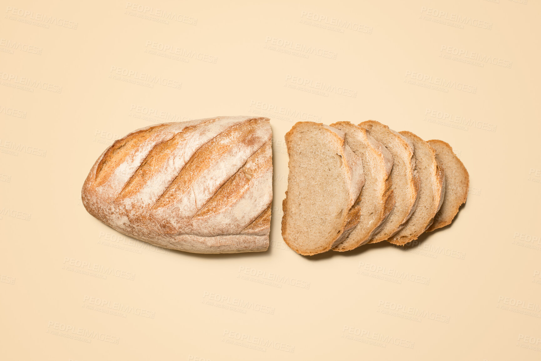 Buy stock photo Bread, sourdough and lunch food in studio with bakery, wheat and grain product for cafe or restaurant from above. Meal, yeast and baked goods with ciabatta and sandwich with yellow background