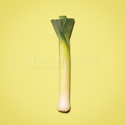 Buy stock photo Shot of a leek against a studio background