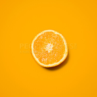 Buy stock photo Orange, studio and slice of fruit for diet, vitamin C and healthy nutrition on isolated wallpaper or background. Food, organic and grocery for natural wellness, health and fruity citrus mockup