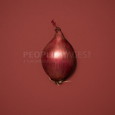 Buy stock photo Nutrition, onion and healthy in studio, vegetable and space for food, wellness and diet with antioxidant. Red background, raw and organic for dinner of salad, meal and crops for menu in mockup