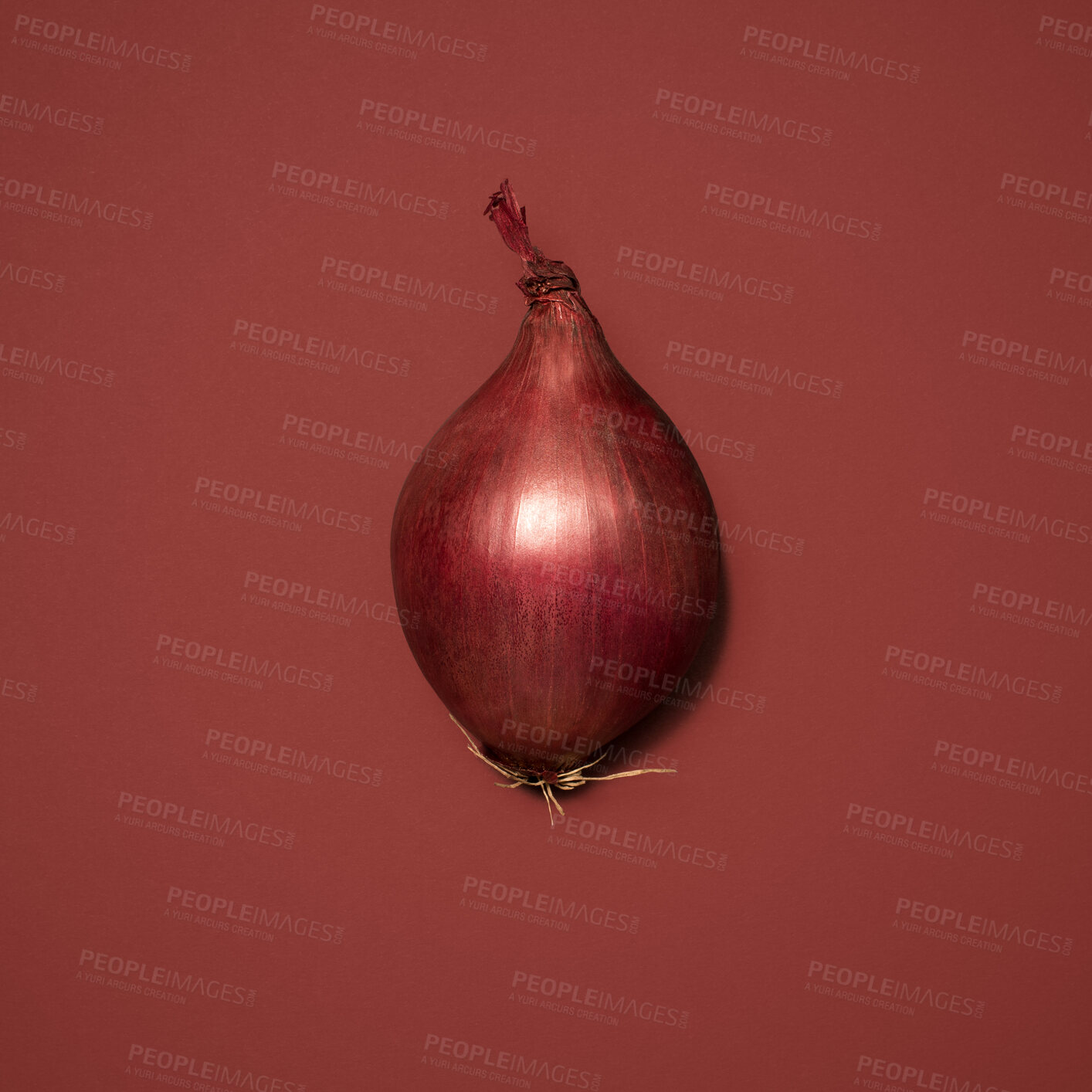 Buy stock photo Nutrition, onion and healthy in studio, vegetable and space for food, wellness and diet with antioxidant. Red background, raw and organic for dinner of salad, meal and crops for menu in mockup