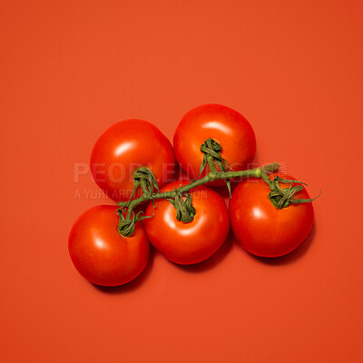 Buy stock photo Tomato, vegetable and isolated by studio background for nutrition, vitamin c or minerals by mockup space. Organic fruit, vegan ingredient or fresh produce by above for fiber, aid digestion or natural