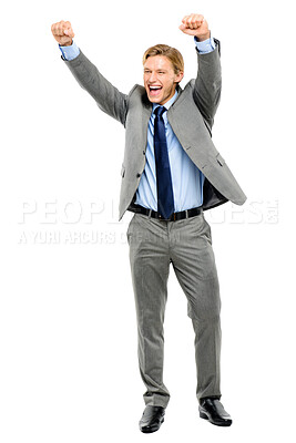 Buy stock photo Full length shot of a handsome young businessman standing alone in the studio and celebrating