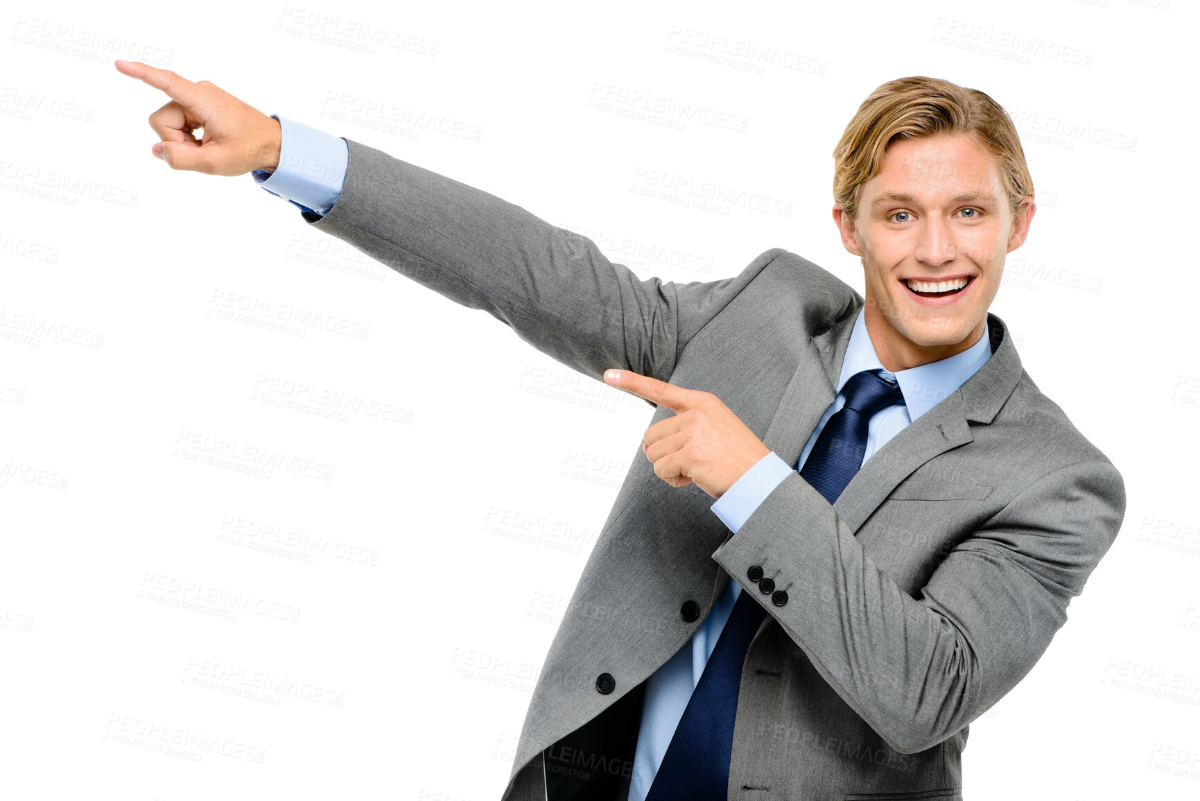 Buy stock photo Pointing, smile and portrait of businessman in studio with mockup space for corporate option. Happy, career and male investment banker with show gesture for choice or selection by white background.