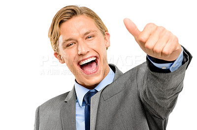 Buy stock photo Studio, excited and portrait of businessman with thumbs up for job, success and good review of company. Happy, worker and male person with gesture on white background for winning, approval or support