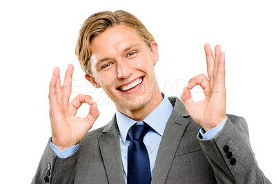 Buy stock photo Portrait, happy businessman and ok sign for success, excellence or quality service. Face, smile and perfect hand gesture for feedback, laugh and emoji for support isolated on white studio background