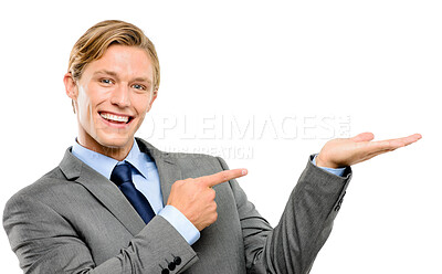 Buy stock photo Pointing, happy and portrait of businessman in studio with mockup space for corporate suggestion. Smile, option and investment banker with show gesture for choice or selection by white background.