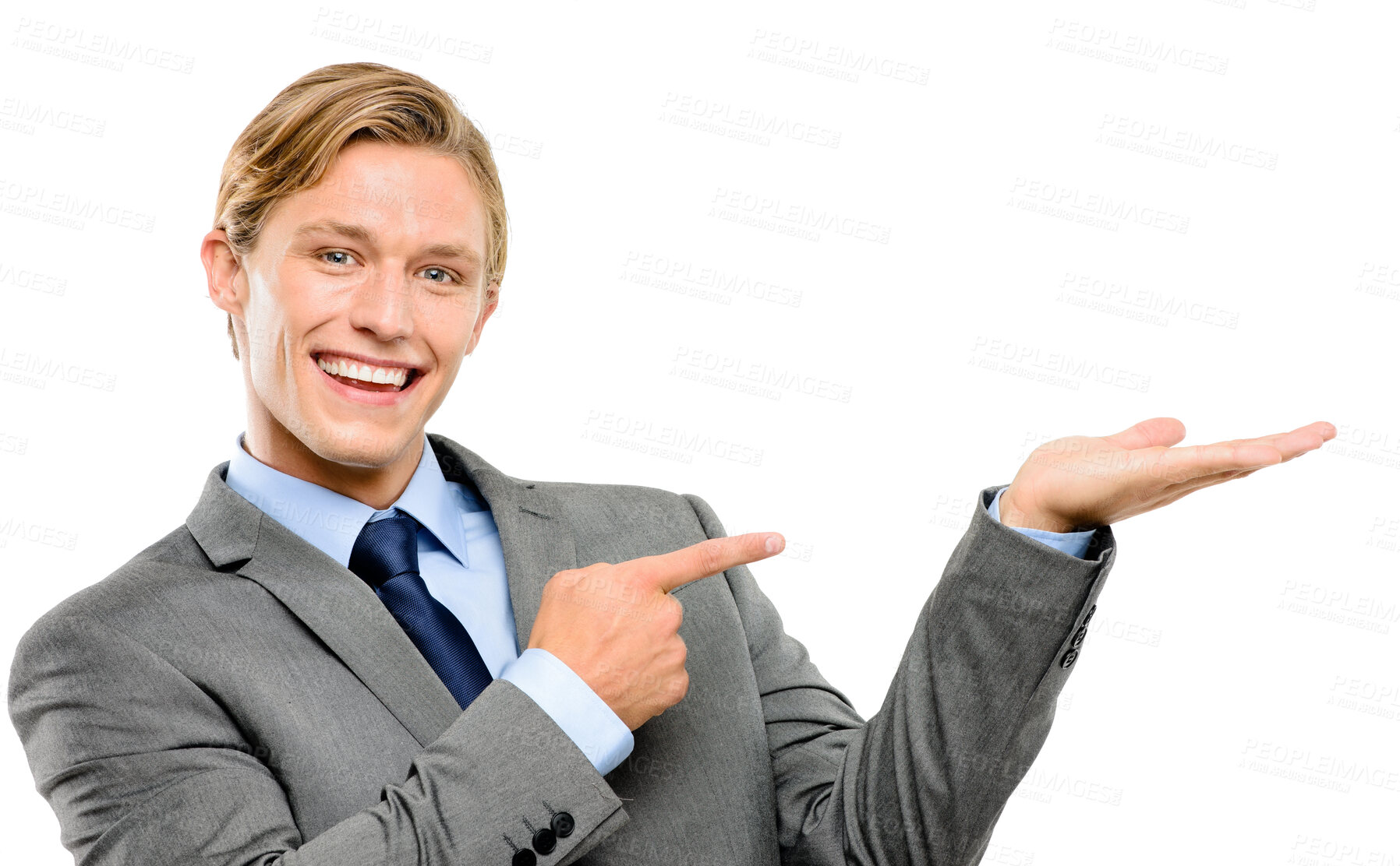 Buy stock photo Pointing, happy and portrait of businessman in studio with mockup space for corporate suggestion. Smile, option and investment banker with show gesture for choice or selection by white background.