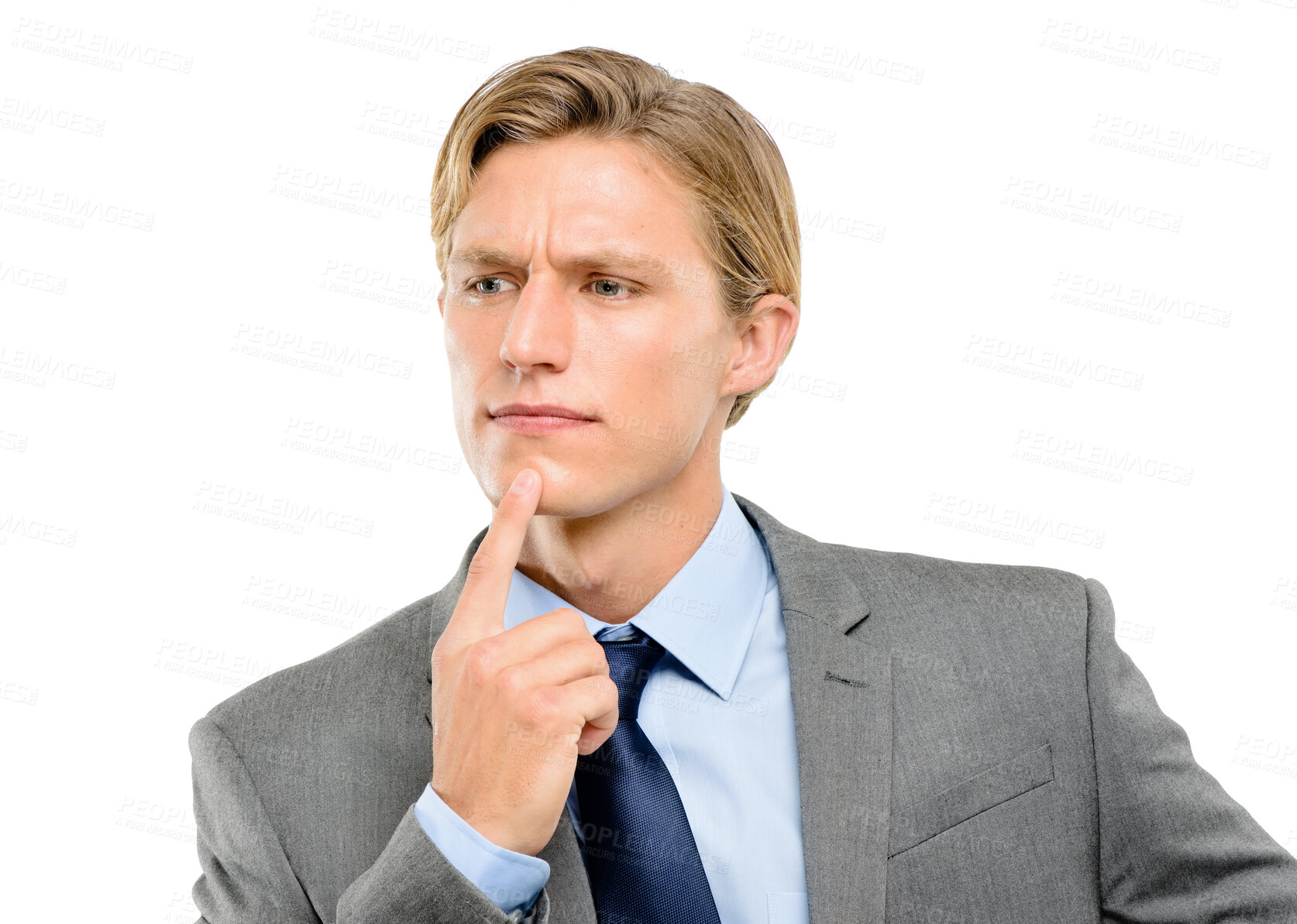 Buy stock photo Business, thinking and man with ideas, decision and employee isolated on white studio background. Person, entrepreneur and professional with thoughts, wonder and choice with opportunity and option