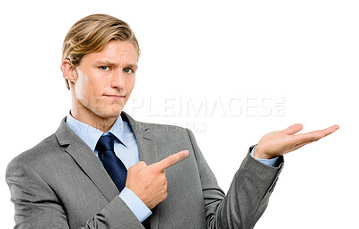 Buy stock photo Pointing, option and portrait of businessman in studio with mockup space for corporate suggestion. Finance, menu and investment banker with show gesture for choice or selection by white background.