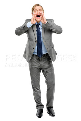 Buy stock photo Studio, shouting or portrait of businessman with announcement, communication or message. Professional, yelling or banker screaming advice with voice on white background for news bulletin or attention