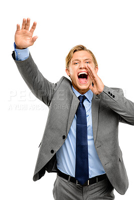 Buy stock photo Yelling, studio and portrait of man, business and excited with news to share, attention and announcement. White background, shouting and investor with advice, scream and loud with voice and corporate