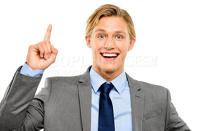 Buy stock photo Studio, portrait and businessman pointing up with smile for choice, decision or vote on idea. Happy, consultant and broker with gesture on white background for trading company, suggestion or solution