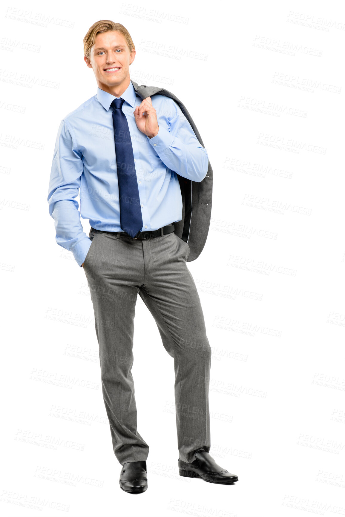 Buy stock photo Studio, smile and portrait of businessman with blazer for corporate, career and finance job. Company, stock broker and happy with pride on white background for firm, ambition and trading in New York