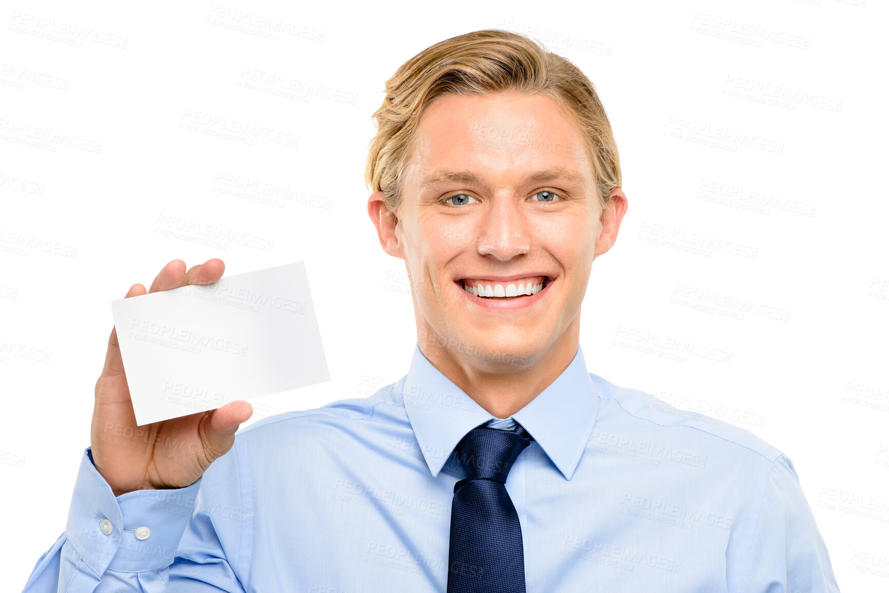 Buy stock photo Portrait, business and man with blank card, smile and employee isolated on white studio background. Face, person and consultant with poster, promotion and showing with opportunity, choice and option