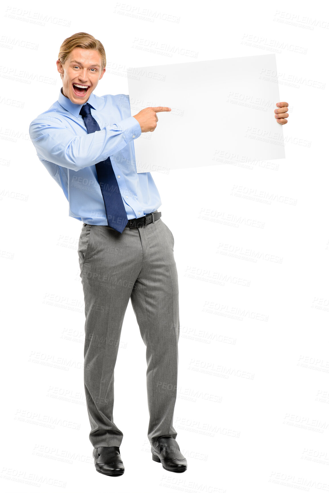 Buy stock photo Mockup, pointing and portrait of man with poster in studio for marketing, promotion or advertising. Excited, blank space and male person from Sweden with board, placard or sign by white background.