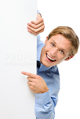 Buy stock photo Pointing, mockup and portrait of man with board in studio for marketing, promotion or advertising. Happy, poster and male person from Sweden with blank banner, placard or signage by white background.