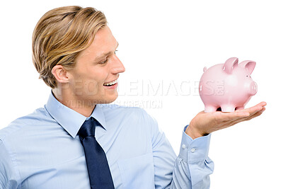 Buy stock photo Savings, smile and businessman with piggy bank in studio for finance, investment or capital growth fund. Happy, entrepreneur and hand with money for financial, security and future on white background